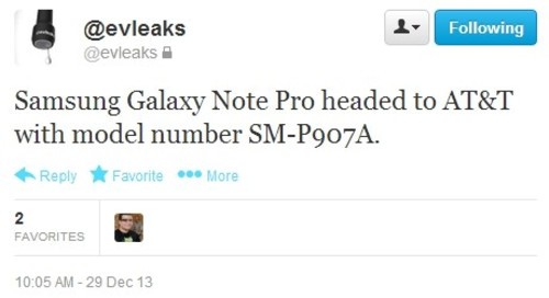 曝料大神称一款疑为Galaxy Note Pro的新品已被送往AT&T（图片来自Twitter）
